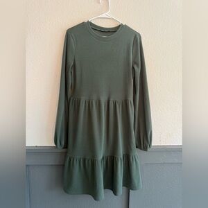 Olive Green Ribbed Tiered Long Sleeve Swing Dress Size L